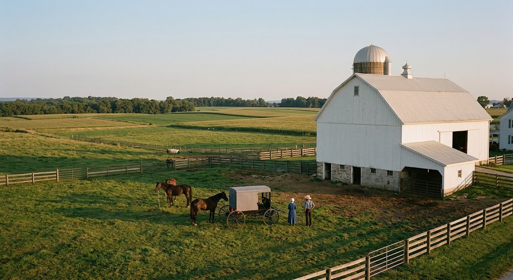 An Amish farm at golden hour, with horses, a barn, and a couple standing together